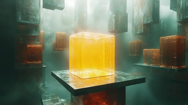 Central glowing cube containing complex data structures sitting on a platform, surrounded by numerous floating geometric shapes in a misty, futuristic digital landscape