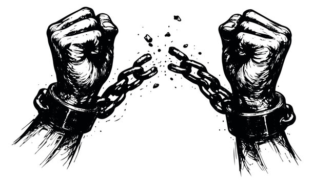 Hand drawn illustration of fists breaking chains depicting freedom for human rights
