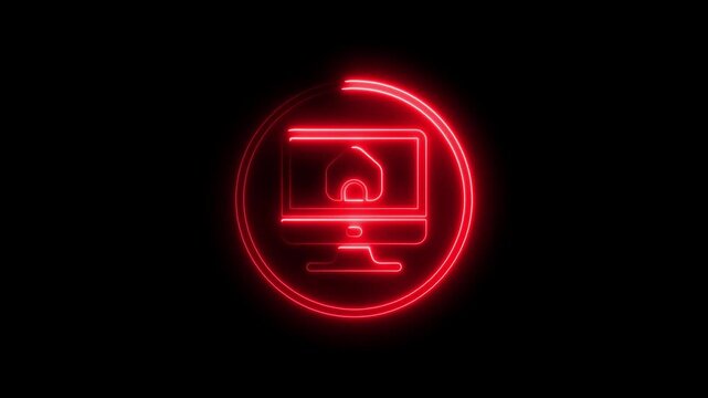 Neon Red Computer Monitor with House in Circle Arrow on Black Background for Technology and Real Estate Concepts