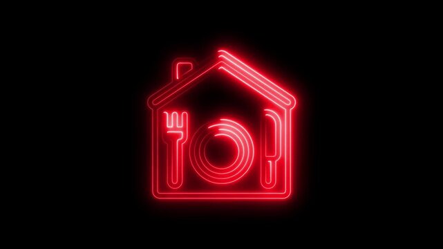 Red neon restaurant home service with plate fork knife and spoon on black background symbolizing food delivery and takeout