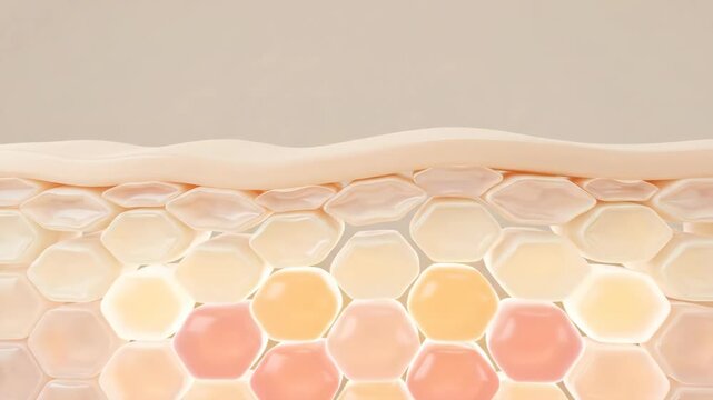 Close-up microscopic view of healthy skin layers with nutrients, Cross-section of radiant skin with hexagonal cells and nourishing particles