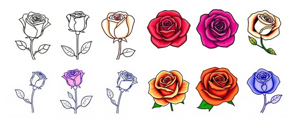 A set of diverse rose icons, including line art, filled, and watercolor styles, icons, pretty