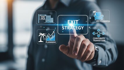 Closeup Businessman Hand touching digital Exit Strategy icon, representing business sale, IPO planning, retirement plan, and corporate transition