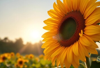 Vibrant sunflower face tilted towards bright sun, full bloom petals, yellow golden hues, summer field,  garden,  agriculture
