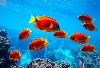 Vibrant red and orange tropical fish swimming gracefully in a crystal clear blue ocean reef, sunlight dappling the water,  colorful,  reef
