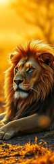 Majestic lion rests in golden savanna sunlight, a symbol of strength and wild beauty,  king,  sun