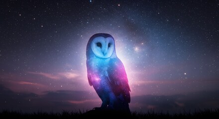 A mystical owl perched under a vibrant starry night sky with celestial glow