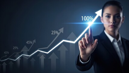 Professional businesswoman touching a glowing digital graph showing significant financial growth and success, representing business progress and achievement.