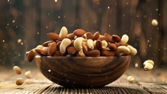 Creative stop-motion animation of assorted nuts almonds, cashews, walnuts moving and arranging themselves inside a ceramic bowl on a wooden table, cinematic lighting, dynamic shadows, shallow depth