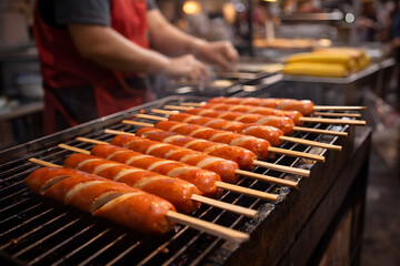 Sizzling grilled sausages on skewers at a bustling street food stall showcasing urban flavors smoky cooking and lively food culture