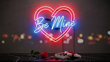 Romantic Valentine's Day neon heart sign with gifts and rose