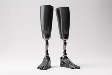 Pair of black prosthetic legs standing upright on a plain background artificial limbs