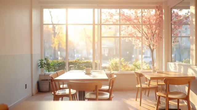 春の柔らかな日差しが窓から入り、ガラスに暖かな反射が生まれる。
室内は清潔で無人物、パステル系の色味が落ち着いた春の空気を作る。
ミニマルでテキスト配置に向いた余白を確保した構図。