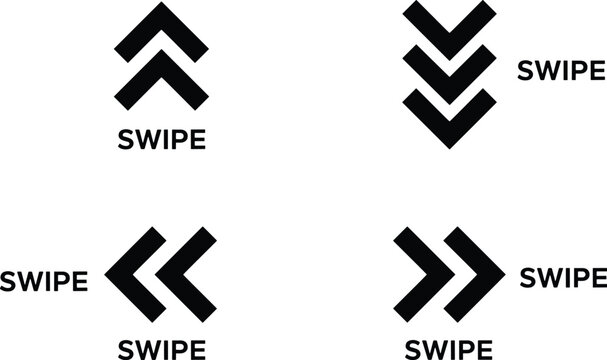 Set of swipe up down left and right arrow icons with text for mobile app interface navigation gestures.