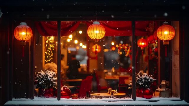 カフェの外で雪が静かに舞い、窓ガラスに赤と金の装飾反射が揺らめく。
店内は柔らかな光に包まれ、人物のいない落ち着いた冬の空気。
旧正月を思わせる静かな雰囲気が漂い、温かさとノスタルジーを感じさせる。