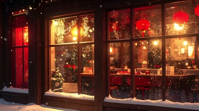 カフェの外で雪が静かに舞い、窓ガラスに赤と金の装飾反射が揺らめく。
店内は柔らかな光に包まれ、人物のいない落ち着いた冬の空気。
旧正月を思わせる静かな雰囲気が漂い、温かさとノスタルジーを感じさせる。