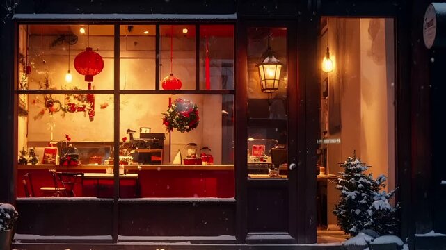 カフェの外で雪が静かに舞い、窓ガラスに赤と金の装飾反射が揺らめく。
店内は柔らかな光に包まれ、人物のいない落ち着いた冬の空気。
旧正月を思わせる静かな雰囲気が漂い、温かさとノスタルジーを感じさせる。