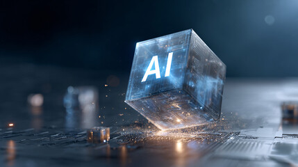 Glowing blue AI hologram cube 3D artificial intelligence technology concept futuristic digital innovation