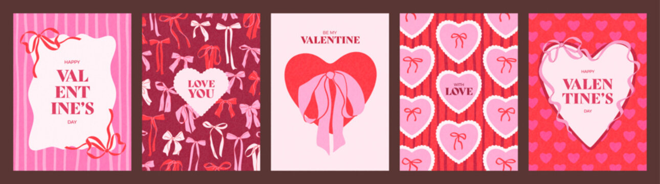 Hand drawn cards set of Happy Valentines Day. Vintage illustrations with gift bows, hearts, texture. Modern creative design for poster, cover, templates for celebration, invitation, banner, flyer