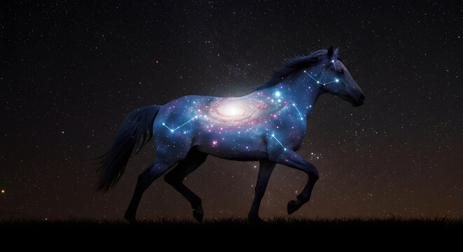 A horse with a galaxy design runs under a starry night sky