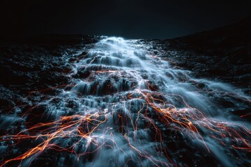 abstract glowing waterfall of light and energy flowing over dark terrain visualizing motion speed and time dynamic natural force concept of data flow technology progress