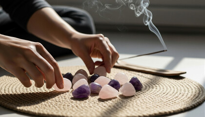 Woman hands arranging healing crystals and amethyst quartz stones for zen meditation and spirituality. Burning incense for mindfulness and wellness during a peaceful holistic energy ritual.
