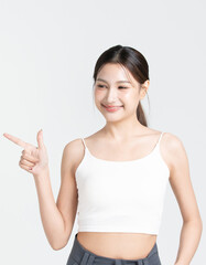 Portrait of beautiful young asian woman with healthy facial skin, isolated on white background.