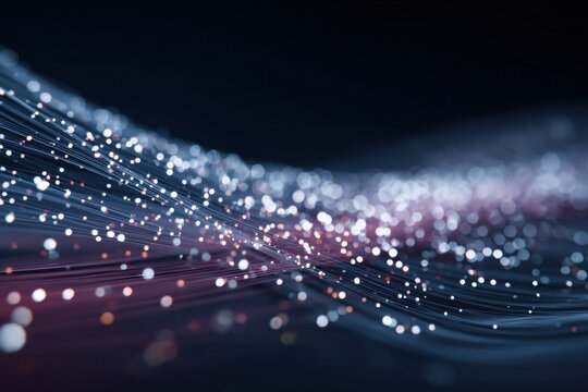 abstract glowing particles flowing in wave motion on dark background dynamic light stream visualizing time speed and continuous movement concept of technology data systems