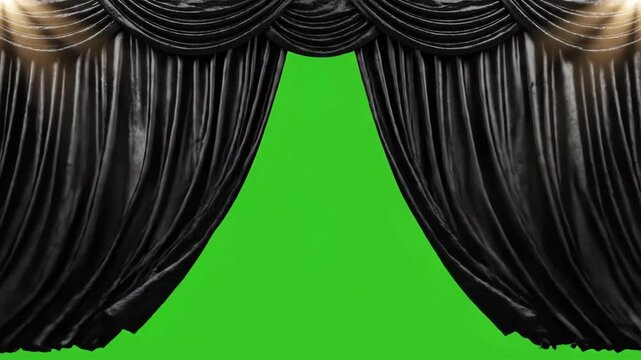 Black draped curtains with green screen