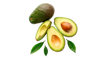 Fresh avocado cut in half with leaves on transparent background.