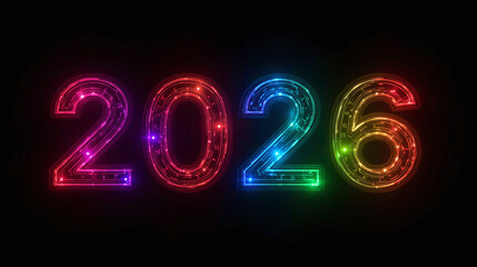 Vibrant neon numbers displaying 2026 in colorful futuristic style