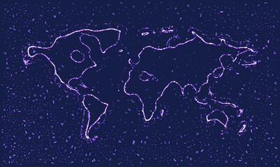 Naklejka premium This abstract glowing purple world map illustrates a global digital network connection against a dark blue futuristic background with scattered light points.