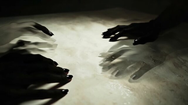 Cinematic silhouette zombie hands emerging from white floor, slow motion, minimal shadows, eerie ambient light reflections, suspenseful horror mood, isolated white background, 4K HD, seamless loop