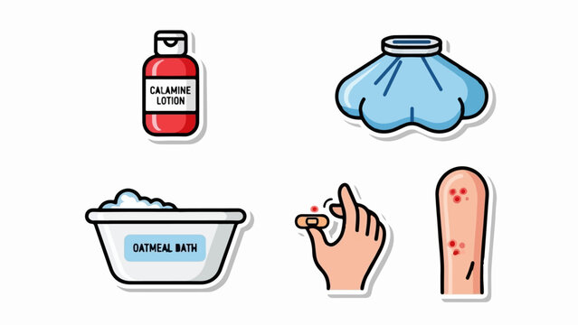 Medical items for relief calamine, oatmeal bath, ice pack, pill, and rash