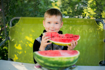 Smiling young boy sitting outdoors, holding a slice of watermelon and looking at the camera, with green garden background and bright natural daylight.