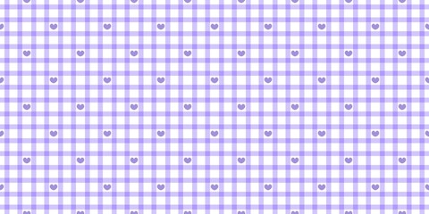 Purple gingham seamless pattern with cute hearts. Aesthetic checkered plaid background for fabric, wallpaper, wrapping paper, and scrapbooking. Minimalist lilac pastel illustration.