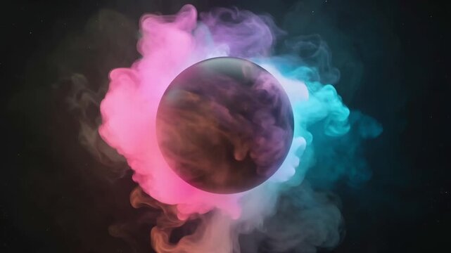 4K high-definition animation, black sphere center, multicolored smoke dynamically reacting audio beats pulsating sphere, neon gradient background transitions, seamless loop, abstract fluid motion