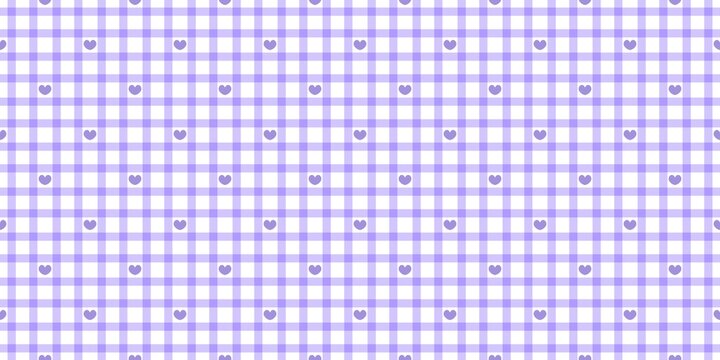 Purple gingham seamless pattern with cute hearts. Aesthetic checkered plaid background for fabric, wallpaper, wrapping paper, and scrapbooking. Minimalist lilac pastel illustration.