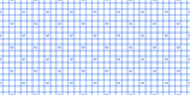Seamless light blue gingham pattern with cute hearts on a white background. Sweet checkered plaid texture, perfect for nursery wallpaper, baby shower textiles, and romantic gift wrapping paper.