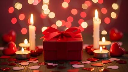 Romantic gift box surrounded by candles and hearts