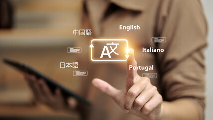 Person Pointing at Translation Icon with Multiple Languages for Global Communication Concept