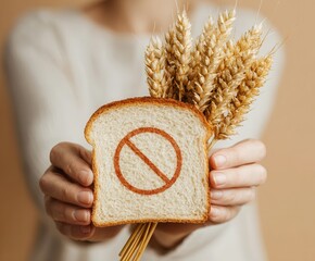 Hands holding a slice of white bread with a red gluten-free prohibition symbol on it