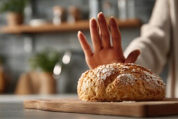 Human hands pushing away bread on kitchen table, gluten-containing food 