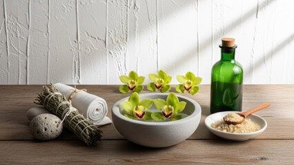 Serene spa setup with orchids, herbs, and natural remedies on wooden table