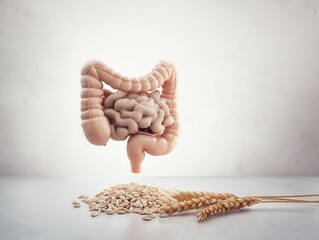 human intestine floating on neutral background, wheat grains positioned nearby