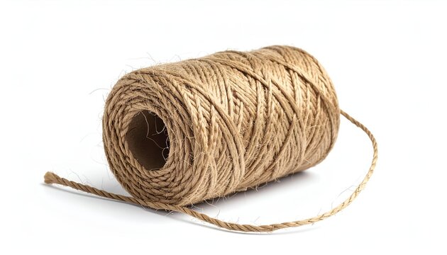 A spool of jute twine lies on a white surface, its end unwinding slightly.
