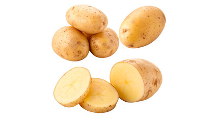 Fototapeta premium Several whole potatoes are shown alongside two halves isolated on transparent background cut out