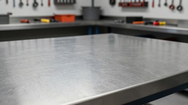 Workshop space with steel table and tools stored on wall in a clean area Generative AI