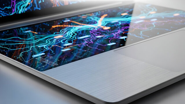 Close up of a tablet screen displaying a vibrant abstract circuit board design with glowing blue and orange lines on a dark background - Ai Generated - Powered by Adobe