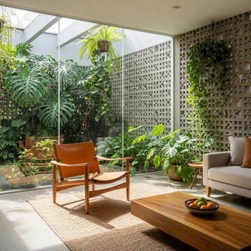 Brazilian Modernist Living Roomjacarand&aacute; wood concrete and glas